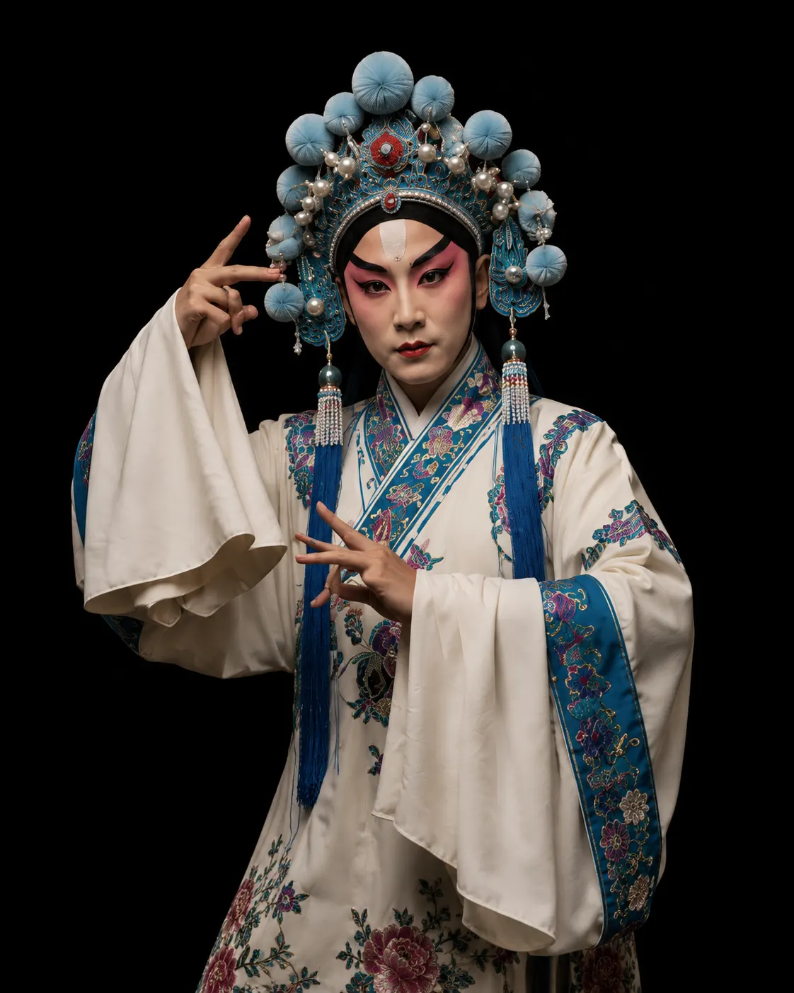 A Beijing opera performer in full costume mid-gesture.